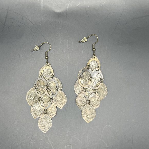 Earrings Brass Chandelier Boho Layered Earthy Leaf Hook Back Lightweight - Picture 4 of 7